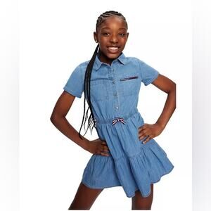 NWT Tommy Hilfiger Shirt Dress Girls 5 Blue Chambray Tiered Ruffle Preppy Casual